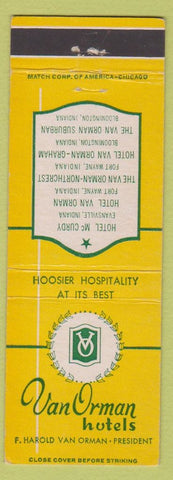 Matchbook Cover - Van Orman Hotels Fort Wayne Bloomington IN Evansville