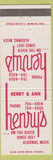 Matchbook Cover - Henry's Algonac MI