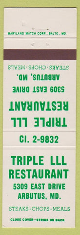 Matchbook Cover - Triple LLL Restaurant Arbutus MD