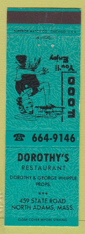 Matchbook Cover - Dorothy's Restaurant North Adams MA girlie Teal