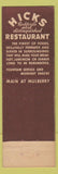 Matchbook Cover - Hicks Restaurant Rockford IL