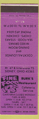 Matchbook Cover - Burk's Restaurant Cafeteria Sidney OH purple