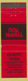 Matchbook Cover - Country Foods Corry PA Bob Church Red