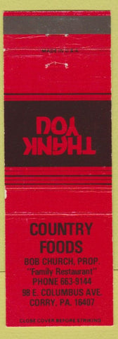 Matchbook Cover - Country Foods Corry PA Bob Church Red