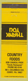 Matchbook Cover - Country Foods Corry PA Bob Church Yellow