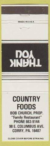 Matchbook Cover - Country Foods Corry PA Bob Church White