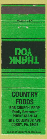 Matchbook Cover - Country Foods Corry PA Bob Church Green