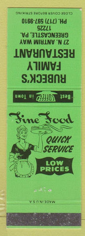 Matchbook Cover - Rubeck's Family Restaurant girlie Greencastle PA Green