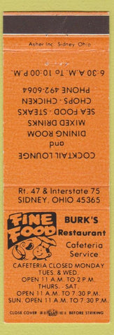 Matchbook Cover - Burk's Restaurant Cafeteria Sidney OH orange