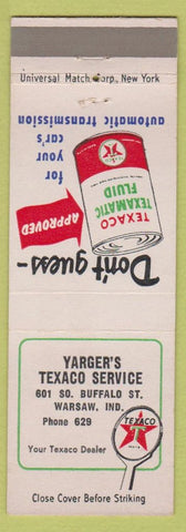 Matchbook Cover - Yarger's Texaco oil gas Warsaw IN low phone #