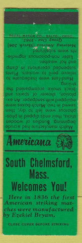 Matchbook Cover - South Chelmsford MA Perkins Americana Tourism green
