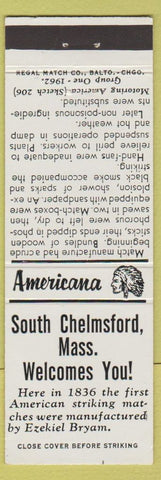 Matchbook Cover - South Chelmsford MA Perkins Americana Tourism white