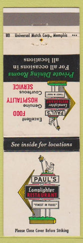 Matchbook Cover - Paul's Lamplighter Restaurant CHAIN MS AL GA