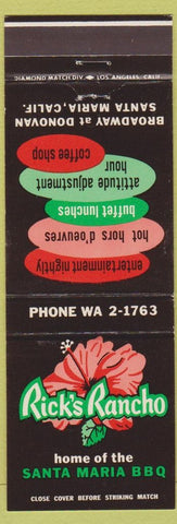 Matchbook Cover - Rick's Rancho Santa Maria CA BBQ