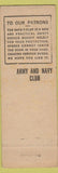 Matchbook Cover - Army and Navy Club Washington DC