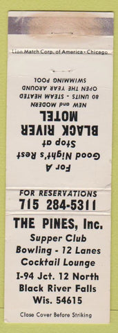 Matchbook Cover - The Pines bowling Restaurant Black River WI motel WORN
