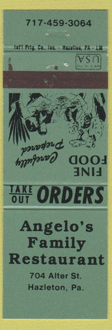 Matchbook Cover - Angelo's Family Restaurant Hazleton PA green