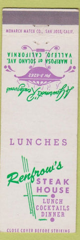 Matchbook Cover - Renfrow's Steak House Vallejo CA