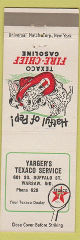 Matchbook Cover - Yarger's Texaco oil gas Warsaw IN low phone #