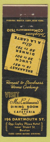 Matchbook Cover - Mrs Cushman's Dining Room Boston MA