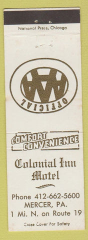 Matchbook Cover - Colonial Inn Motel Mercer PA