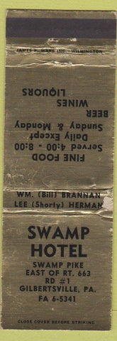Matchbook Cover - Swamp Hotel Gilbertsville PA WEAR