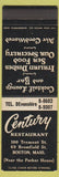 Matchbook Cover - Century Restaurant Boston MA SAMPLE 1956