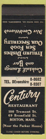 Matchbook Cover - Century Restaurant Boston MA SAMPLE 1956