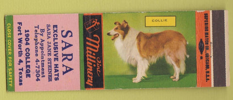 Matchbook Cover - Sara Hats Fort Worth TX Collie Dog