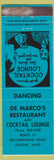 Matchbook Cover - De Marco's Restaurant Ludlow MA