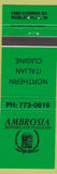 Matchbook Cover - Ambrosia Restaurant Italian Noblesville IN