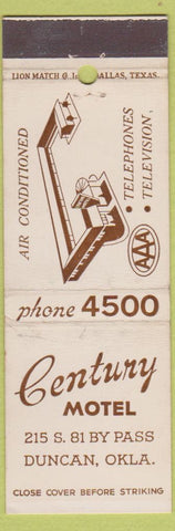 Matchbook Cover - Century Motel Duncan OK