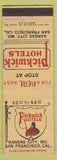 Matchbook Cover - Pickwick Hotels Kansas City MO San Francisco CA