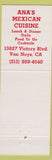 Matchbook Cover - Ana's Mexican Restaurant Van Nuys CA Christmas