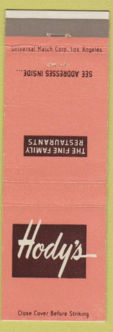 Matchbook Cover - Hody's Restaurants Los Angeles North Hollywood Long Beach CA