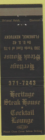Matchbook Cover - Heritage Steak House Florence KY