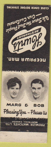 Matchbook Cover - Hunts Restaurant Neepawa MB WORN