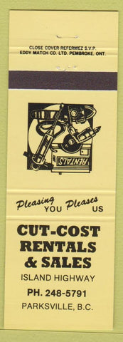 Matchbook Cover - Cut Cost Rentals Parksville BC yellow