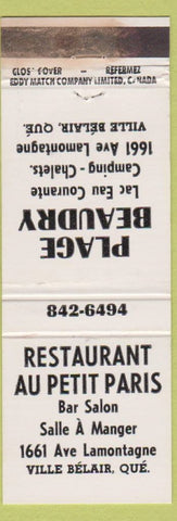 Matchbook Cover - Restaurant Au Petit Paris Ville Belair QC