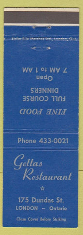 Matchbook Cover - Gettas Restaurant London ON