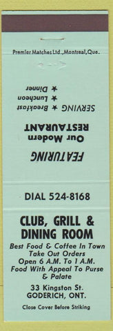 Matchbook Cover - Club Grill and Dining Room Goderich ON