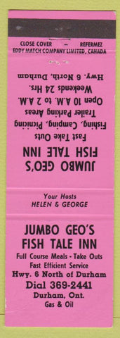 Matchbook Cover - Jumbo Geo's Fish Tale Inn Durham ON
