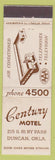 Matchbook Cover - Century Motel Duncan OK WEAR