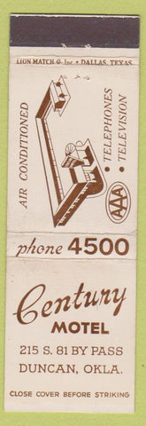 Matchbook Cover - Century Motel Duncan OK WEAR