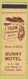 Matchbook Cover - Sunny Motel Franklin OH