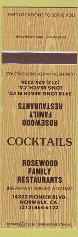 Matchbook Cover - Rosewood Family Restaurants Norwalk Long Beach CA