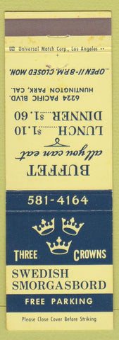 Matchbook Cover - Three Crowns Swedish Smorgasbord Huntington Park CA
