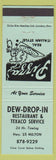 Matchbook Cover - Dew Drop In Restaurant Texaco oil gas Milton ON pizza green