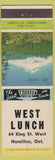 Matchbook Cover - West Lunch Hamilton ON