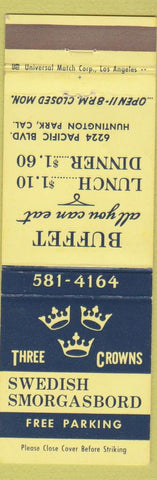 Matchbook Cover - Three Crowns Swedish Smorgasbord Huntington Park CA